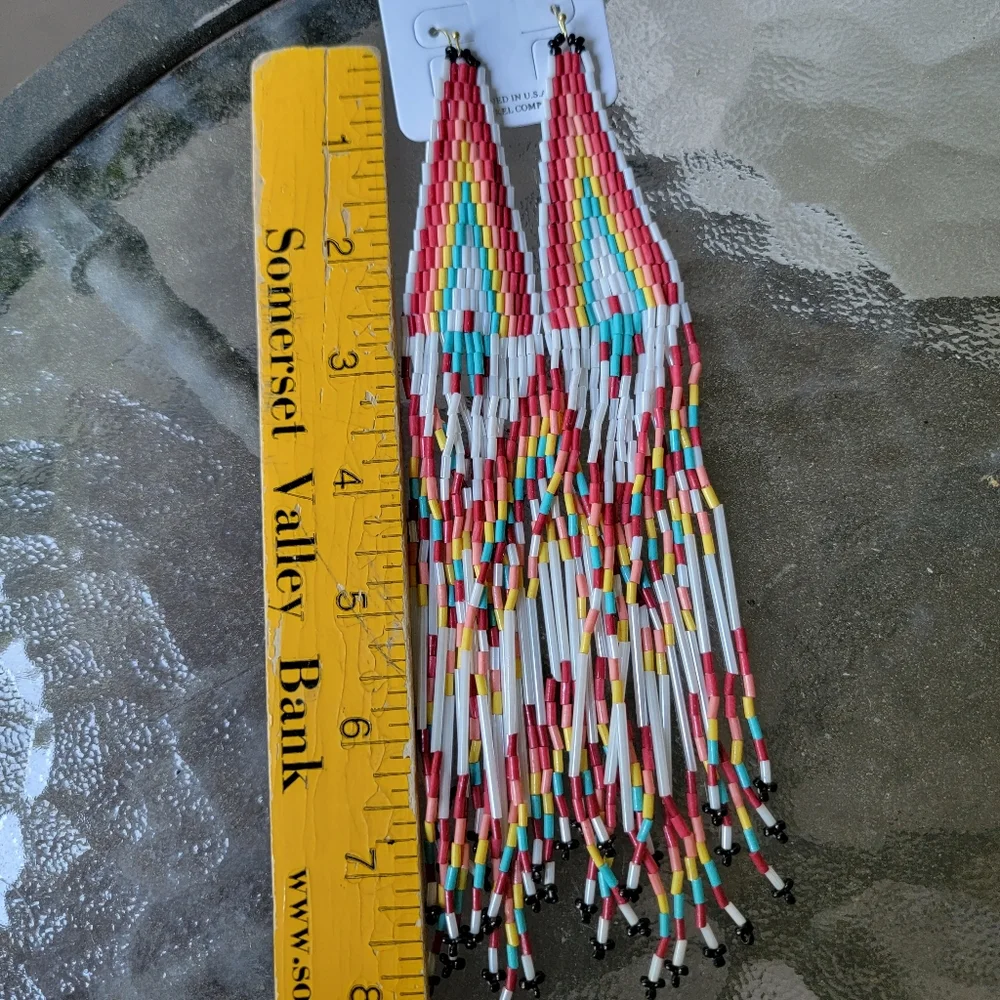 Kiss the sky native Aztec south western seed bead fringe Dangle earrings
